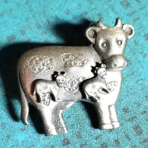 Vintage Cow earrings and brooch set silver tone moo pin farm animal farm